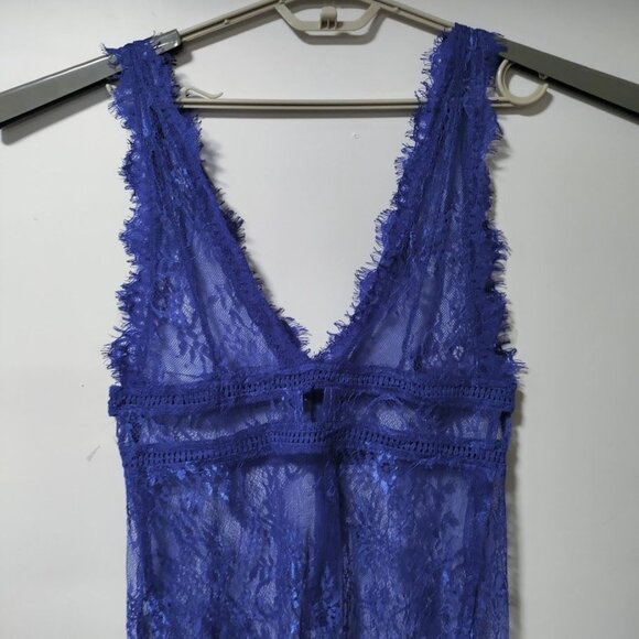 Sheer Lace Gown Wrap Electric Blue Deep V Festival Lingerie Goth S/M - Picture 5 of 13